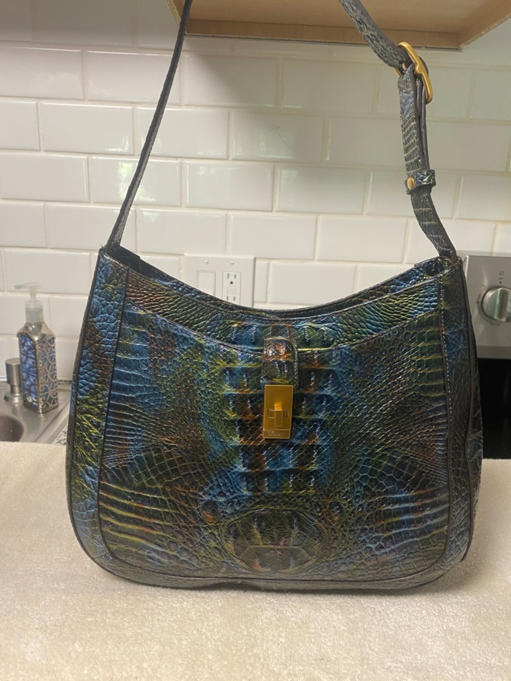 Brahmin Iridescent Blue Green Croc-Embossed Shoulder Bag with Gold Hardware